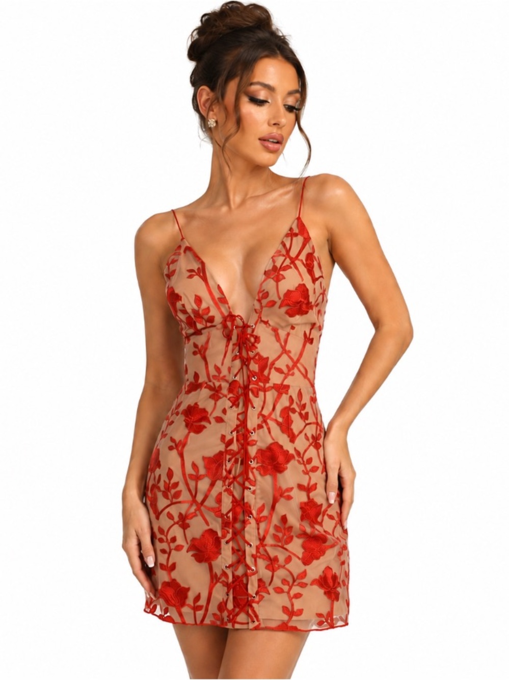 Tobi NEW Red & Tan Floral Lace Sheer Romantic Coquette V-Neck Mini Dress Size M